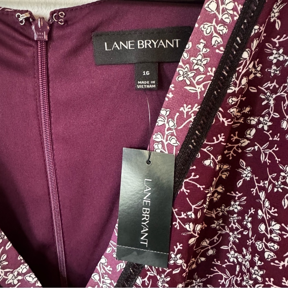 NWT Lane Bryant Boho Wine Floral Split Neck Chiffon Belted Midi Dress Size 16 - Picture 6 of 7